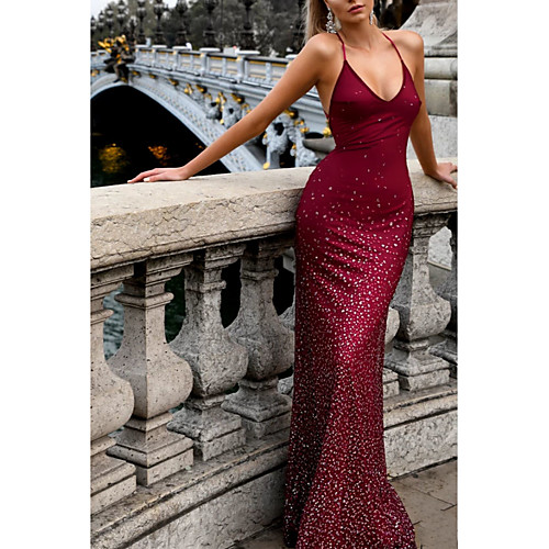 

Mermaid / Trumpet Open Back Formal Evening Dress Halter Neck Sleeveless Sweep / Brush Train Polyester with Pleats Sequin 2021