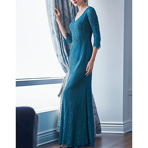 

Sheath / Column Mother of the Bride Dress Elegant & Luxurious V Neck Floor Length Lace 3/4 Length Sleeve with Crystals 2021