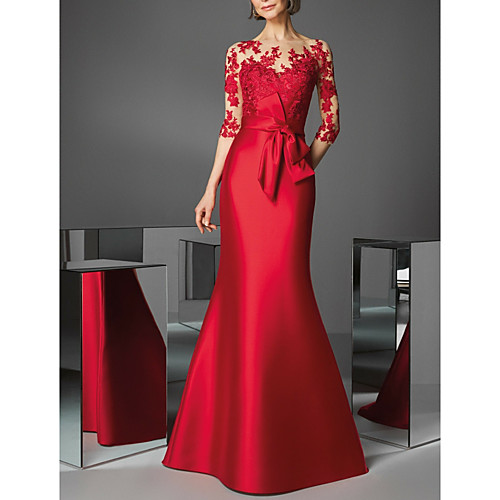 

Mermaid / Trumpet Beautiful Back Wedding Guest Formal Evening Dress Illusion Neck 3/4 Length Sleeve Floor Length Satin with Appliques 2021