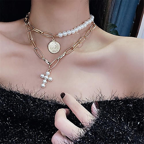 

Women's Layered Necklace Double Layered Imitation Pearl Chrome Gold 40 cm Necklace Jewelry 1pc For Daily