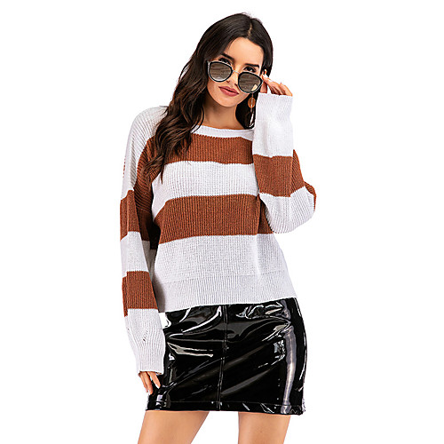 

Women's Basic Knitted Striped Color Block Pullover Long Sleeve Sweater Cardigans Crew Neck Round Neck Fall Winter White