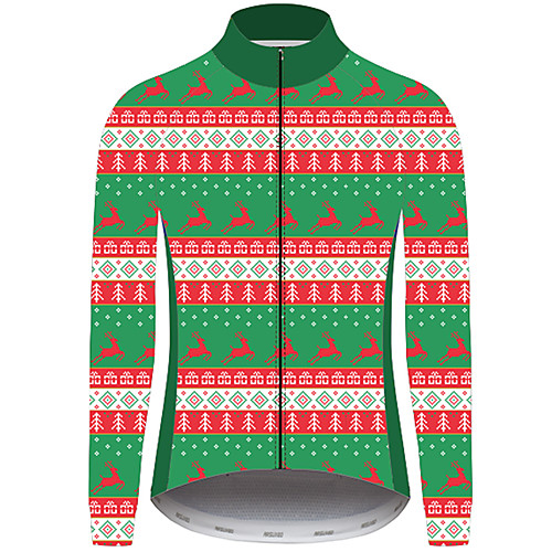 

21Grams Christmas Men's Long Sleeve Cycling Jersey - Green Bike Jersey Padded Shorts / Chamois Top UV Resistant Quick Dry Breathable Sports Winter Fleece 100% Polyester Mountain Bike MTB Road Bike