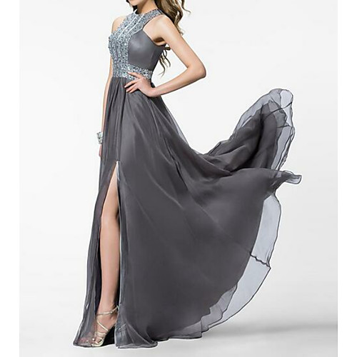 

A-Line Empire Prom Formal Evening Dress Jewel Neck Sleeveless Sweep / Brush Train Chiffon with Crystals Split Front 2021