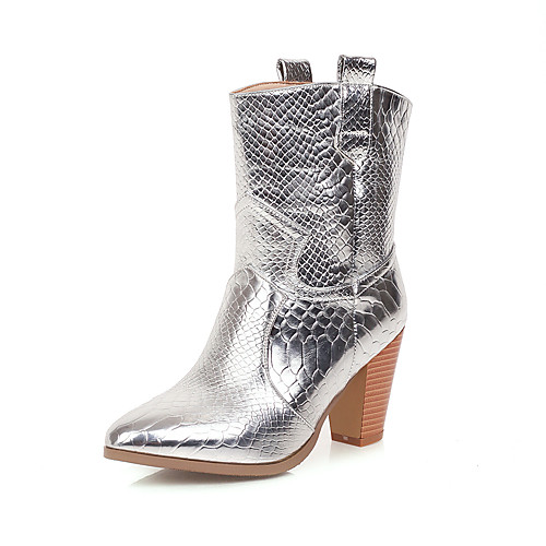 

Women's Boots Block Heel Boots Cowboy Western Boots Block Heel Pointed Toe Mid Calf Boots Vintage Daily Party & Evening Faux Leather Solid Colored Black Gold Silver / Booties / Ankle Boots