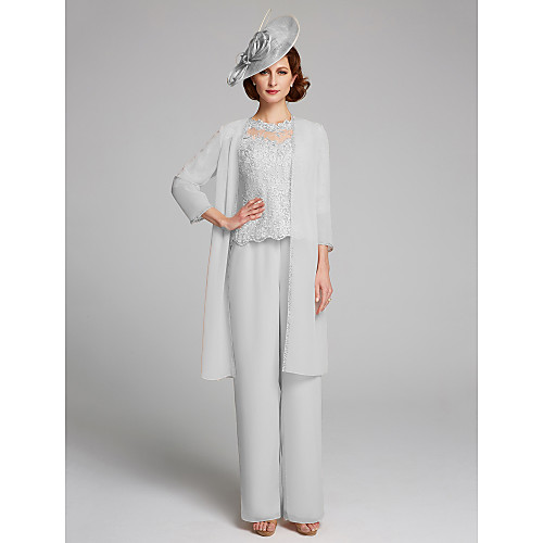 

Pantsuit / Jumpsuit Mother of the Bride Dress Plus Size Elegant Bateau Neck Floor Length Chiffon Lace Half Sleeve with Lace 2021