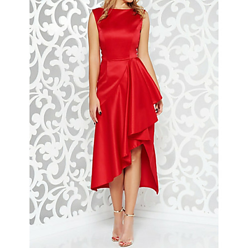 

A-Line Mother of the Bride Dress Plus Size Sexy Jewel Neck Asymmetrical Satin Sleeveless with Pleats 2021
