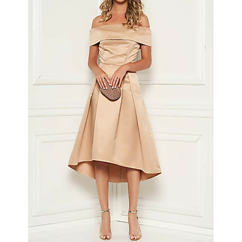 

A-Line Mother of the Bride Dress Plus Size Off Shoulder Tea Length Satin Short Sleeve with Ruching 2021
