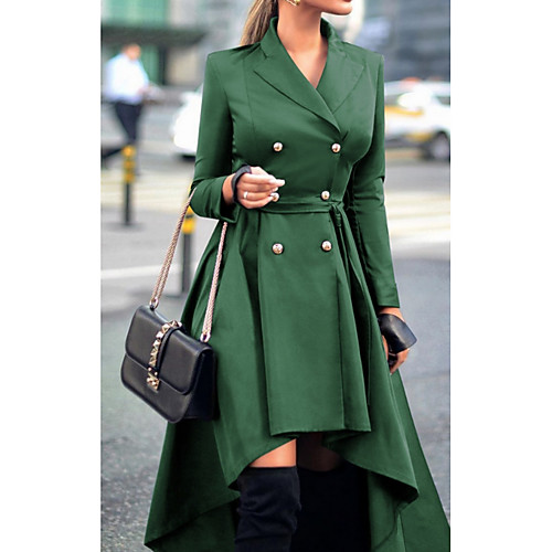 

Women's Daily Fall & Winter Long Trench Coat, Solid Colored Turndown Long Sleeve Polyester Purple / Red / Green
