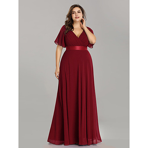 

A-Line Mother of the Bride Dress Plus Size Elegant V Neck Floor Length Chiffon Short Sleeve with Sash / Ribbon Ruching 2021 / Petal Sleeve