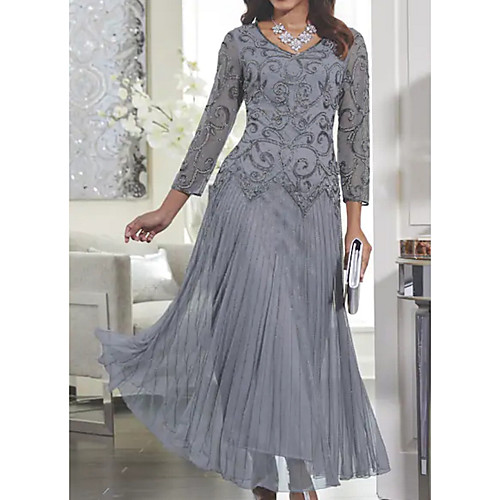 

Women's Maxi Swing Dress - Long Sleeve Solid Colored Lace Spring Fall V Neck Slim Gray M L XL XXL XXXL