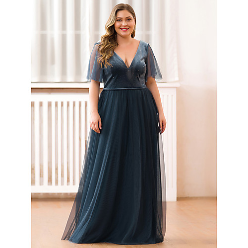 

A-Line Elegant Prom Formal Evening Dress Plunging Neck Short Sleeve Floor Length Tulle Velvet with 2021