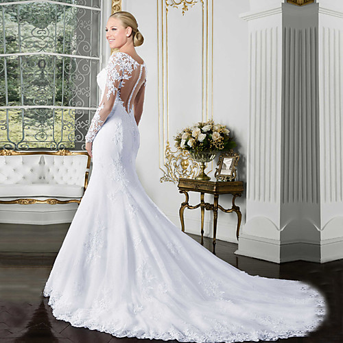 

Mermaid / Trumpet Wedding Dresses Bateau Neck Chapel Train Lace Tulle Lace Over Satin Long Sleeve Beautiful Back Illusion Sleeve with Lace Appliques 2021