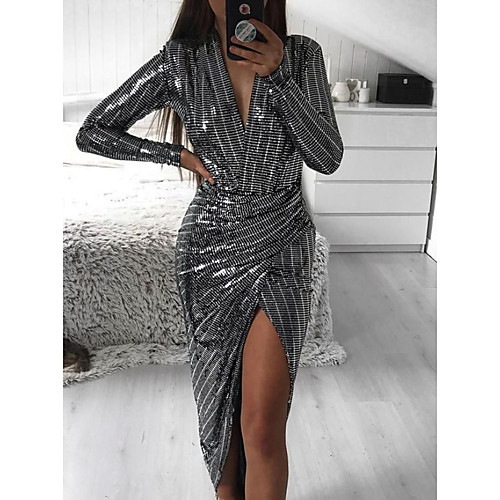 

Women's Asymmetrical Sheath Dress - Long Sleeve Solid Colored Deep V Elegant Black S M L XL