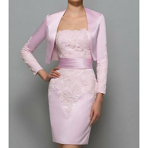 

Sheath / Column Mother of the Bride Dress Plus Size Elegant Strapless Short / Mini Polyester Long Sleeve with Lace 2021