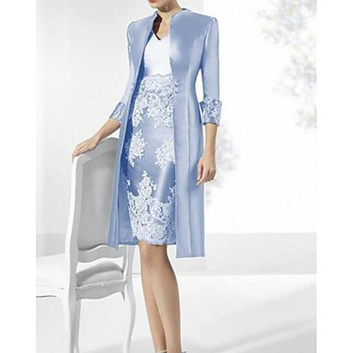 

Sheath / Column Mother of the Bride Dress Plus Size Vintage V Neck Knee Length Polyester Sleeveless with Lace 2021