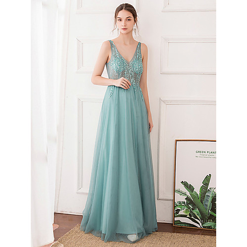 

A-Line Elegant Prom Formal Evening Dress V Neck Sleeveless Floor Length Tulle with Beading 2021