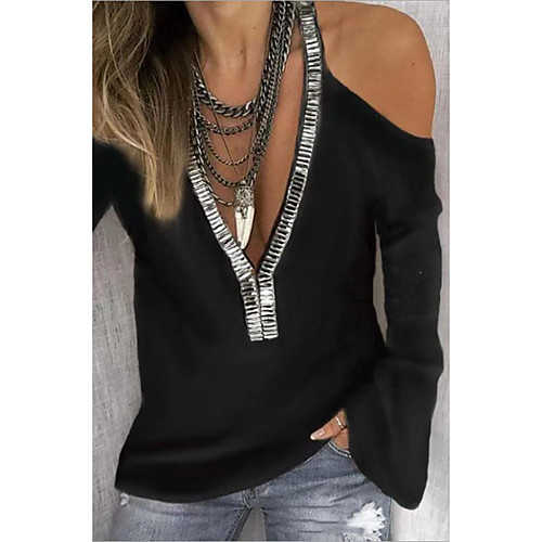 

Women's Blouse Shirt Solid Colored Long Sleeve Sequins V Neck Basic Tops White Black Blue