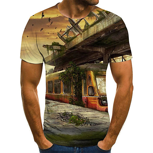

Men's T shirt Color Block 3D Cartoon Print Short Sleeve Holiday Tops Streetwear Punk & Gothic Brown