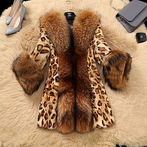

Women's Faux Fur Coat Daily Fall & Winter Long Coat Regular Fit Jacket Long Sleeve Leopard Brown