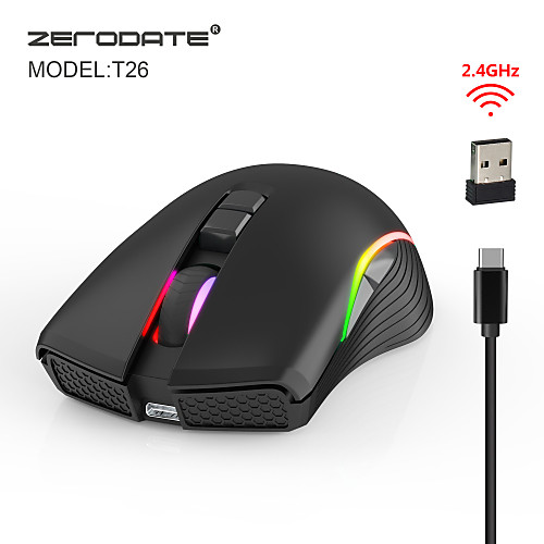 

ZERODATE T26RGB Wireless 2.4G Optical Office Mouse / Rechargeable Mouse RGB Light 2400 dpi 3 Adjustable DPI Levels 7 pcs Keys