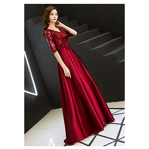 

A-Line Elegant Prom Formal Evening Dress V Neck 3/4 Length Sleeve Floor Length Satin Sequined with 2021