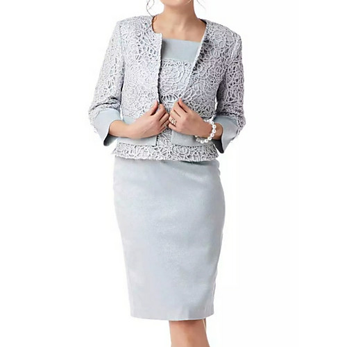 

Sheath / Column Mother of the Bride Dress Wrap Included Square Neck Knee Length Polyester 3/4 Length Sleeve with Lace Split Front 2021
