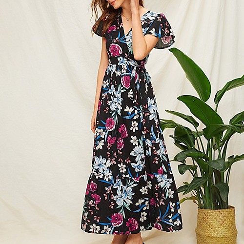 

Women's Maxi A Line Dress - Short Sleeve Floral V Neck Elegant Black S M L XL