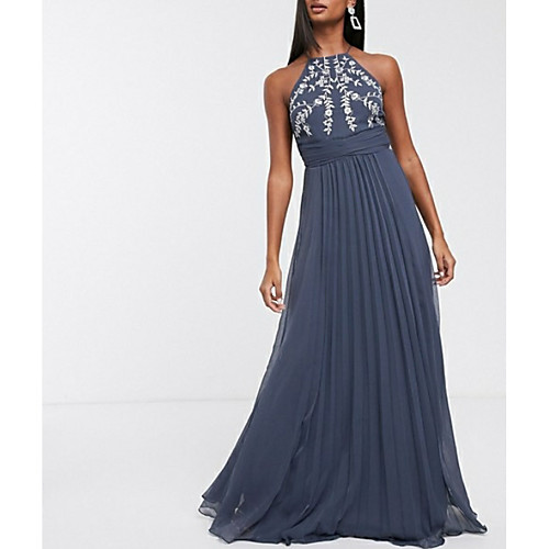 

A-Line Elegant Prom Formal Evening Dress Halter Neck Sleeveless Floor Length Chiffon with Pleats Embroidery 2021