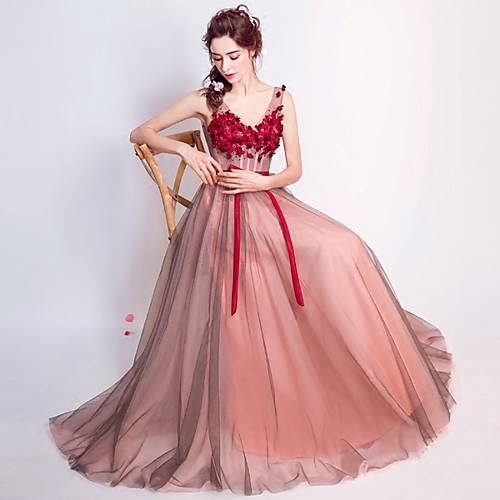 

A-Line Sexy Prom Formal Evening Dress V Neck Sleeveless Floor Length Lace Tulle Floral Lace with Appliques 2021