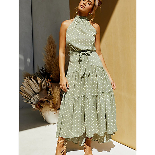 

Women's Swing Dress Maxi long Dress Green White Black Red Sleeveless Polka Dot Halter Neck Hot S M L XL