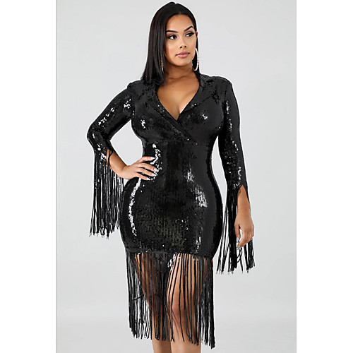 

Women's Bodycon Dress - 3/4 Length Sleeve Solid Colored V Neck Wine Black Gold S M L XL