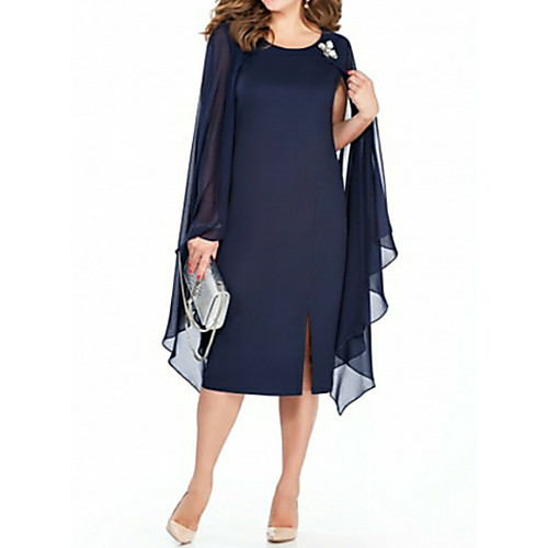 

Sheath / Column Mother of the Bride Dress Plus Size Jewel Neck Tea Length Chiffon Long Sleeve with Crystal Brooch 2021