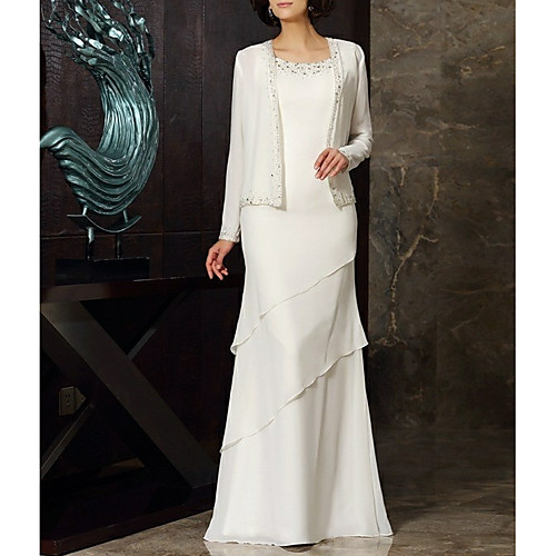 

Sheath / Column Mother of the Bride Dress Elegant & Luxurious Jewel Neck Floor Length Chiffon Long Sleeve with Beading Tier 2021