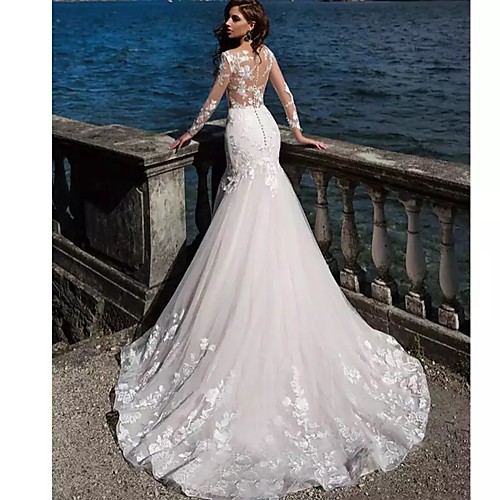 

Mermaid / Trumpet Wedding Dresses Bateau Neck Court Train Lace Tulle Lace Over Satin Long Sleeve Sexy See-Through Backless Illusion Sleeve with Beading Appliques 2021