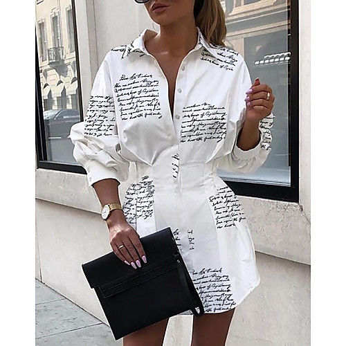 

Women's A Line Dress White Long Sleeve Letter Shirt Collar Elegant S M L XL / Mini