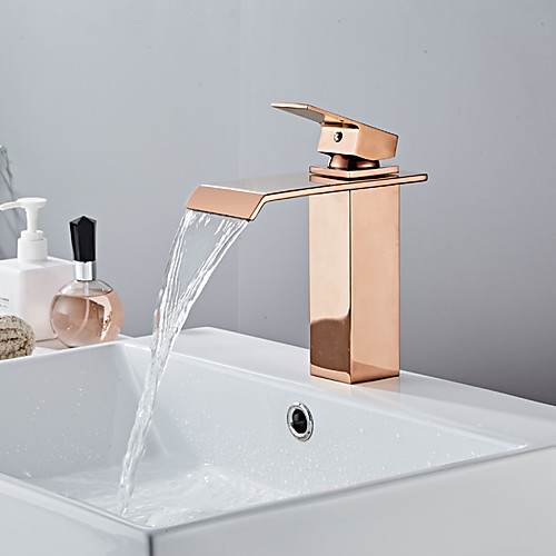 

Brass Bathroom Sink Faucet,Waterfall Rose Gold Centerset Single Handle One Hole Bath Taps with Hot and Cold Water