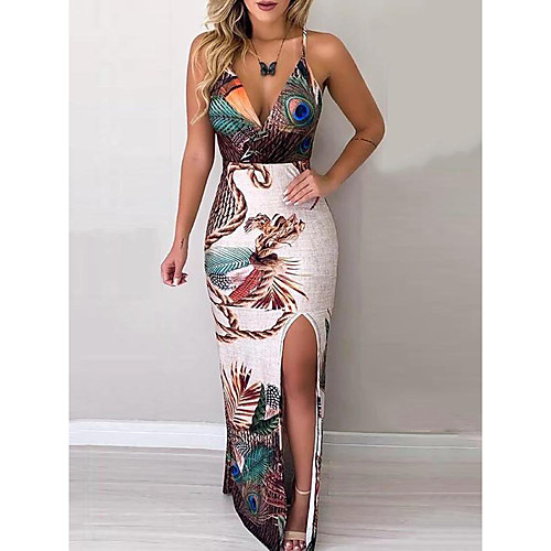 

Women's Tropical Leaf Bodycon Dress - Sleeveless Floral Animal Patchwork Print Strap Deep V Elegant Sophisticated Belt Not Included Slim Rainbow S M L XL
