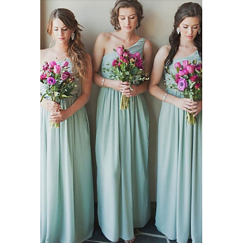 

A-Line One Shoulder Floor Length Chiffon Bridesmaid Dress with Sash / Ribbon / Pleats