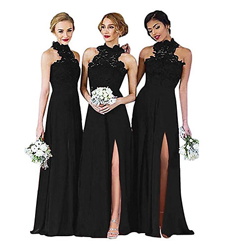 

A-Line Halter Neck Floor Length Chiffon Bridesmaid Dress with Split Front