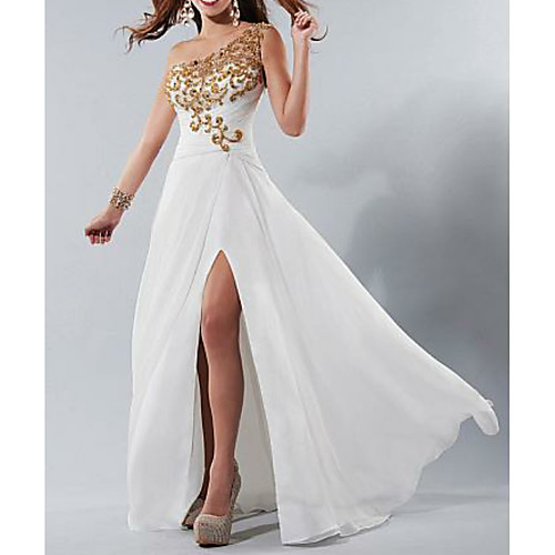 

A-Line Elegant Formal Evening Dress One Shoulder Sleeveless Floor Length Satin with Beading Appliques Split Front 2021