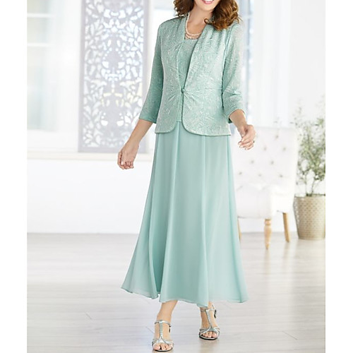 

A-Line Mother of the Bride Dress Wrap Included Scoop Neck Ankle Length Chiffon 3/4 Length Sleeve with Ruching 2021