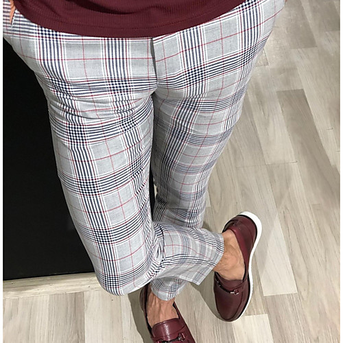 

Men's Streetwear Chinos Pants Straight Trousers Plaid Checkered Full Length Red Yellow Gray