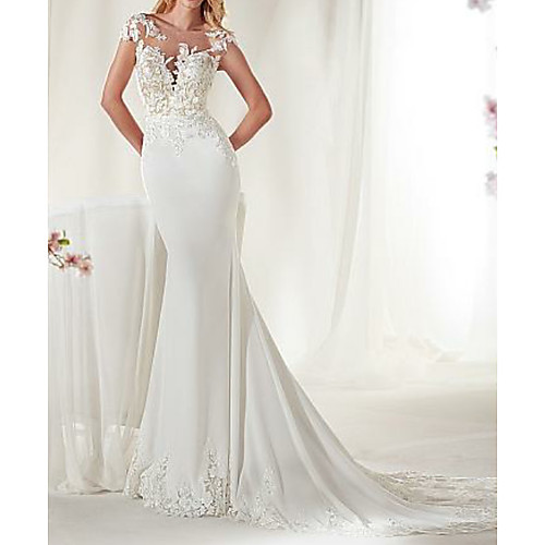 

Mermaid / Trumpet Wedding Dresses Jewel Neck Court Train Satin Cap Sleeve Sexy See-Through Illusion Detail with Lace Insert 2021