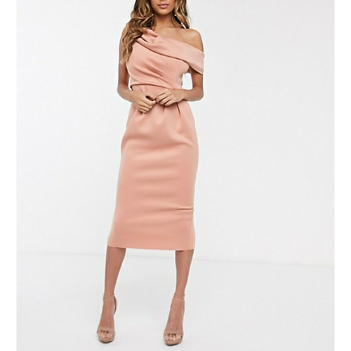 

Sheath / Column Open Back Holiday Cocktail Party Dress One Shoulder Short Sleeve Tea Length Satin with Split Front 2021