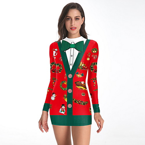 

Women's Shift Dress Short Mini Dress Red Long Sleeve Geometric Round Neck Elegant Christmas Party S M L XL XXL