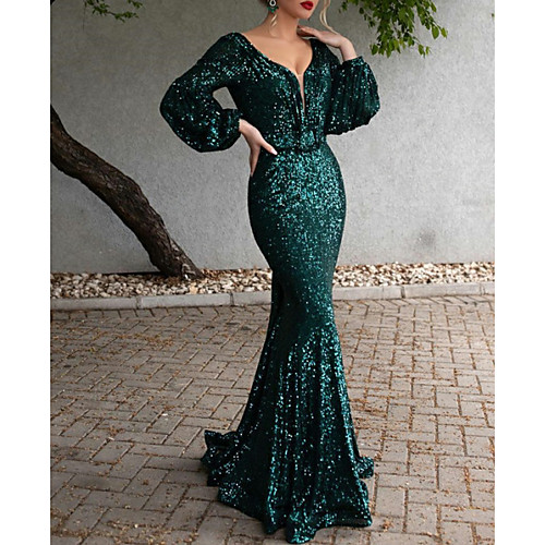 

Mermaid / Trumpet Open Back Formal Evening Dress Plunging Neck Long Sleeve Sweep / Brush Train Polyester with Sequin 2021