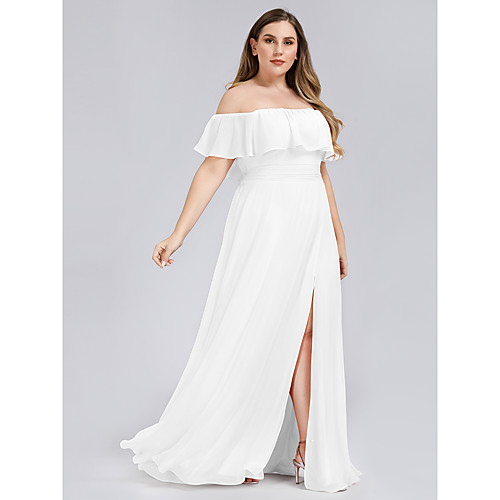 

A-Line Plus Size White Holiday Valentine's Day Beach Dress Off Shoulder Short Sleeve Floor Length Chiffon with Ruffles Split 2021