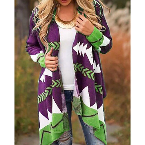 

Women's Coat Daily V Neck Long Geometric Blue / Purple / Red S / M / L