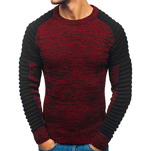 

Men's Color Block Pullover Long Sleeve Sweater Cardigans Round Fall Winter Red Dark Gray