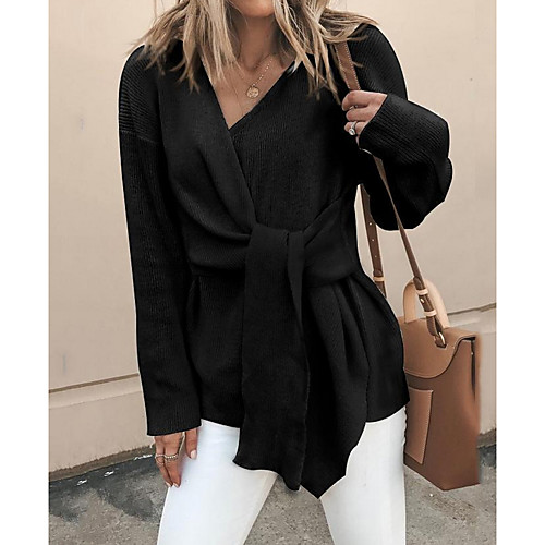 

Women's Solid Colored Long Sleeve Pullover Sweater Jumper, V Neck Black / Khaki M / L / XL